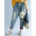 Women Patchwork Cartoon Loose Elastic Waist Denim Jeans - Blue 8 