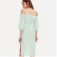 Women's Sling Leak Shoulder V-Neck Single-Breasted Long-Sleeve Hem Irregular Striped Dress