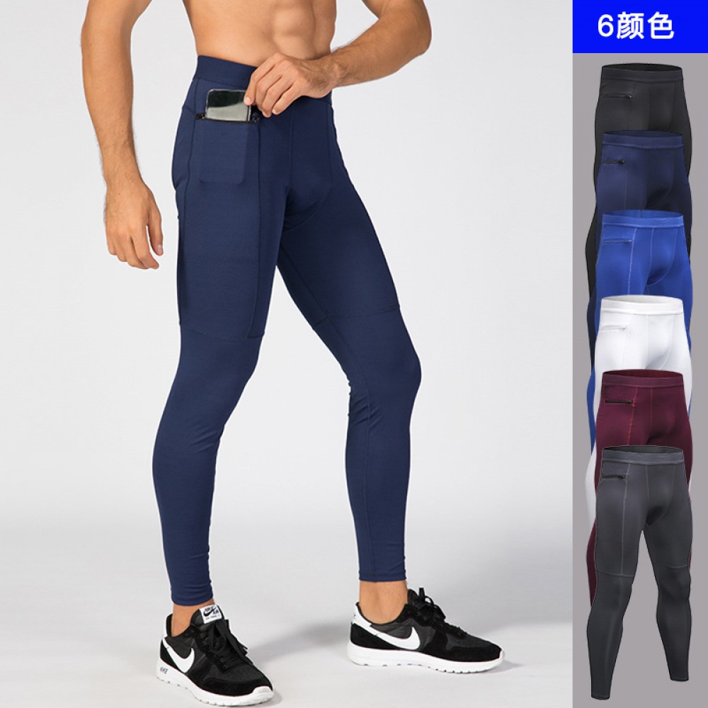Men's zipper pocket fitness trousers PRO sports running training perspiration quick-drying high-elastic tights 1070