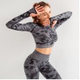 Camouflage sports tights women's quick-drying running yoga breathable hollow seamless long sleeves