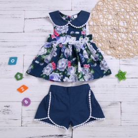 Lapel fur ball sleeveless flower print girl skirt solid color wool ball lace shorts two-piece