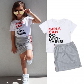 Children's clothing, small children, girls, printed letters, short sleeves, casual skirts, two-piece