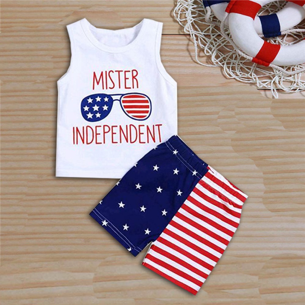 Boys Summer New Letter Print Sleeveless Top Striped Shorts Two-Piece Independence Day Suit