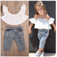 Girls' suit summer style flying sleeve white short-sleeved shirt ripped denim trousers two-piece suit