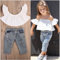 Girls' suit summer style flying sleeve white short-sleeved shirt ripped denim trousers two-piece suit