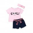 Summer new girl short sleeve printed cartoon smiley letters pink shirt denim shorts three-piece suit