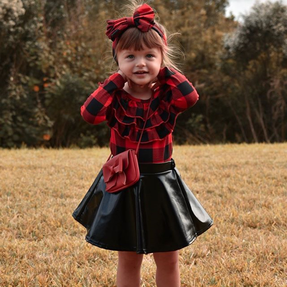 Autumn girl round neck long-sleeved lace plaid shirt A word black leather skirt short skirt suit hair accessories three-piece suit