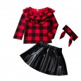 Autumn girl round neck long-sleeved lace plaid shirt A word black leather skirt short skirt suit hair accessories three-piece suit