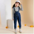 Children's clothing spring new girl's pants suit two-piece long-sleeved striped T-shirt denim suspenders tide