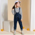 Children's clothing spring new girl's pants suit two-piece long-sleeved striped T-shirt denim suspenders tide
