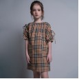 Girls' round neck plaid skirt shoulder drawstring children's A-line skirt in summer, big children's parent-child dress skirt