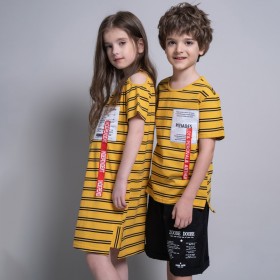 Girls striped straight off-the-shoulder skirts boys and girls round neck short sleeve summer children siblings