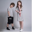 Girls striped straight off-the-shoulder skirts boys and girls round neck short sleeve summer children siblings