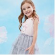 Summer new children's short-sleeved suit printed T-shirt lattice mesh cake skirt girl suit