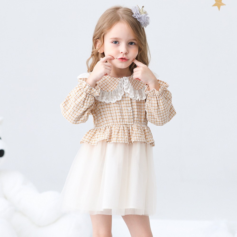 Spring new children's dress children's clothing princess skirt girl plaid doll big lapel mesh skirt