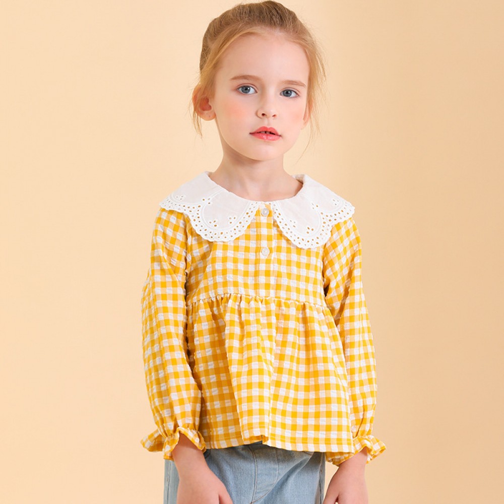 Spring new children's clothing seersucker long-sleeved shirt large lapel Wessey lattice doll skirt