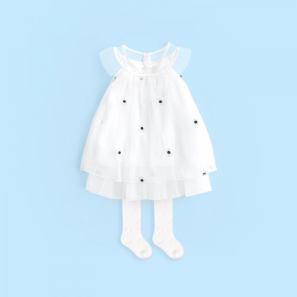 Summer new girl puffy princess dress children's clothing fungus lace white embroidered mesh dress