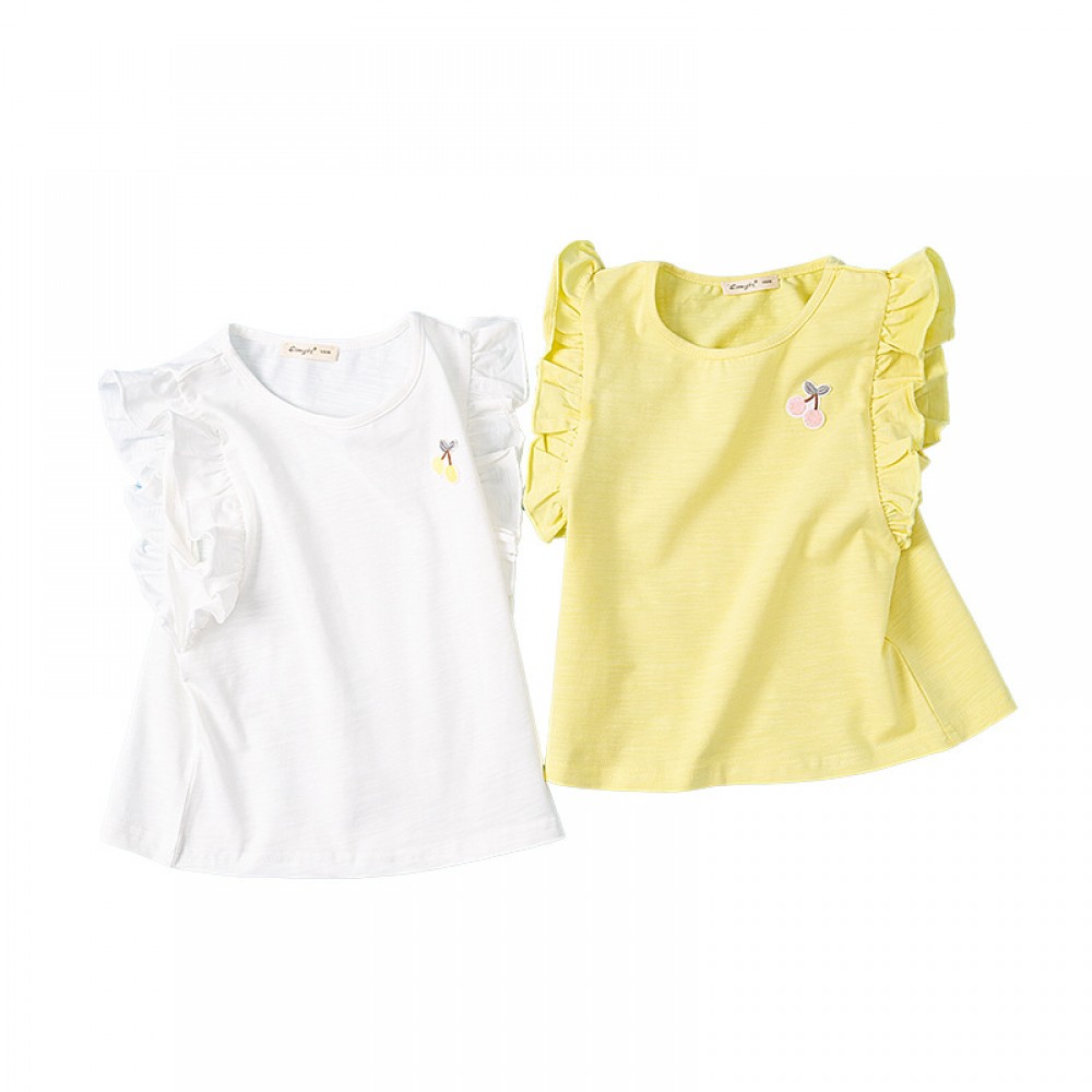 Summer new children's clothing small flying sleeve children's T-shirt cherry embroidered stickers girls short-sleeved T-shirt