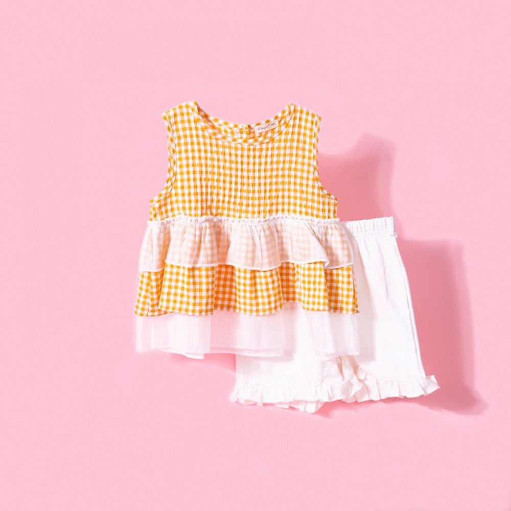 Summer new three-layer skirt grid children's skirts children's clothing retro temperament small shirt