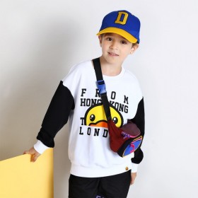 Little yellow duck spring and autumn cartoon alphabet pattern long sleeve contrast color wild boy round neck pullover sweater