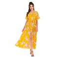 Women's long short-sleeved floral dress women's summer vacation beach skirt