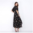 Women's long short-sleeved floral dress women's summer vacation beach skirt