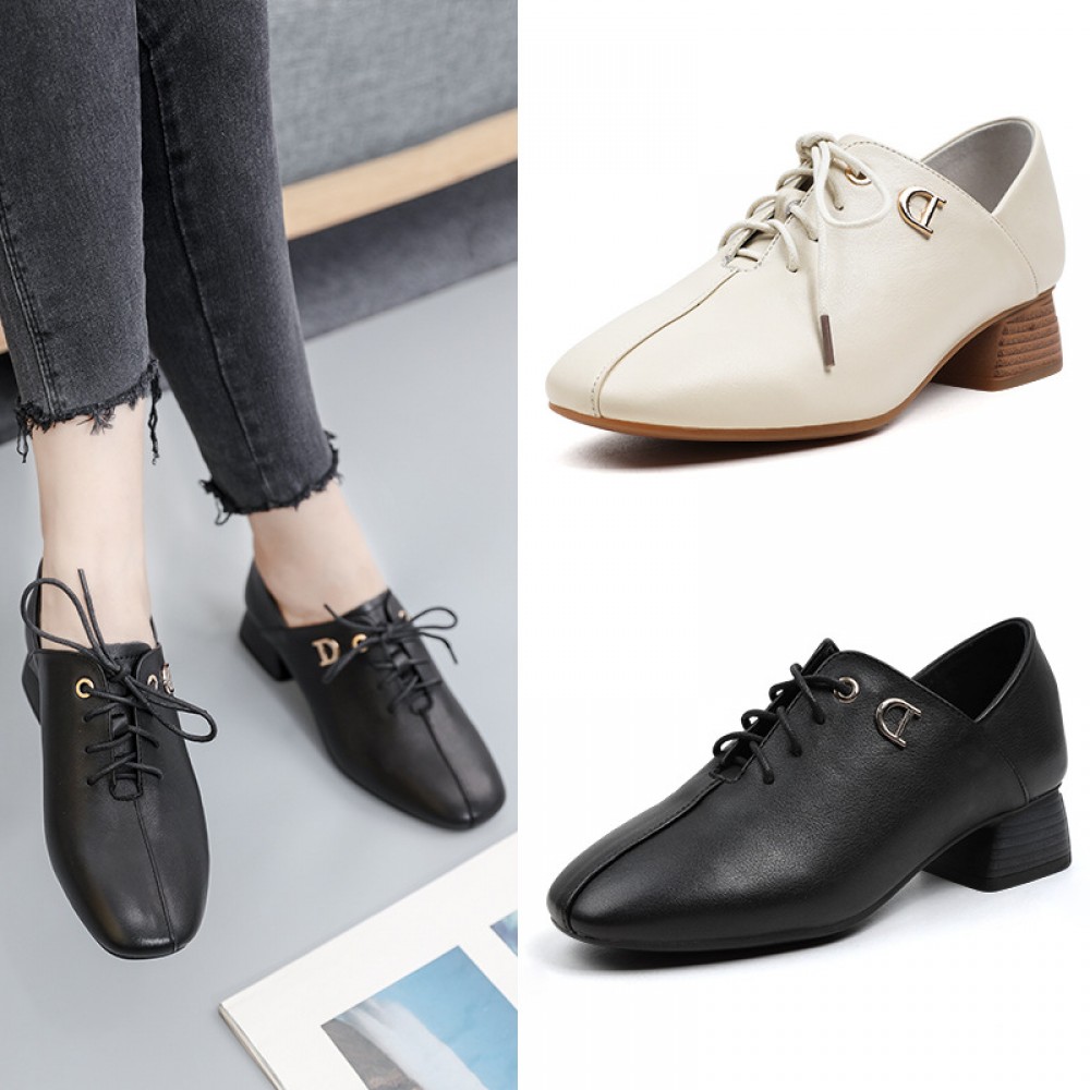 Autumn and winter new top layer cowhide work shoes women lace up professional stewardess OL work shoes leather single shoes women tide