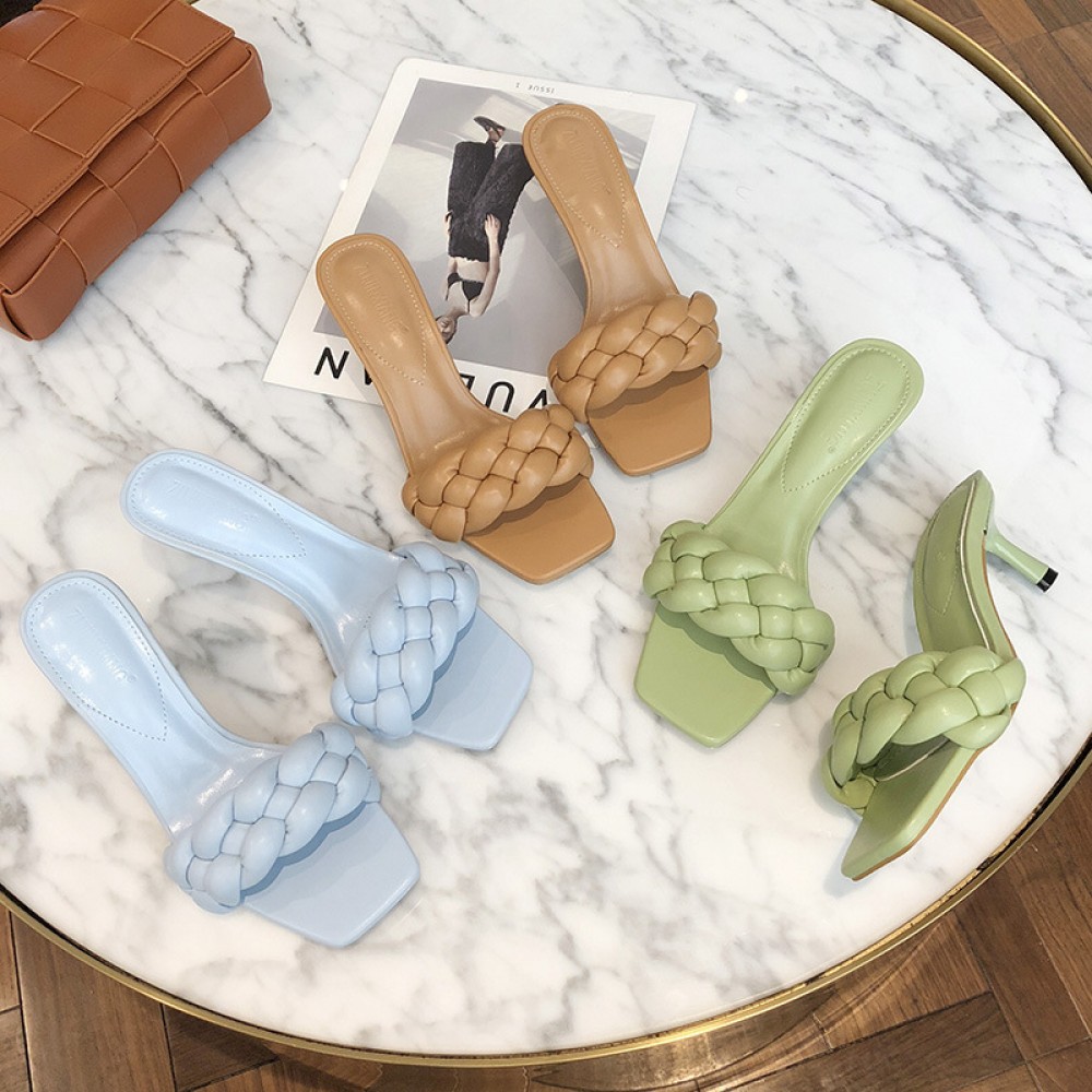 Candy-colored sandals female summer new fine-heeled woven square head high-heeled open-toe fairy wind-cool half slippers