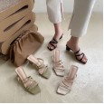 Sexy square head thick medium-heeled slippers female summer wear Roman thin belt holiday OL beach open-toe sandals