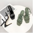 Spring models high-heeled open-toed square head Roman word buckle elastic band wild catwalk dress female sandals 40