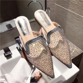 Summer new transparent mesh fashion rhinestone lazy OL Roman vacation cool half slippers tide