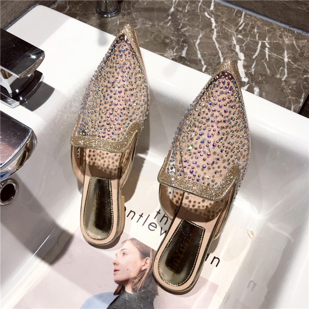 Summer new transparent mesh fashion rhinestone lazy OL Roman vacation cool half slippers tide