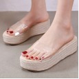 New summer comfortable waterproof platform thick bottom high heel wedge heel hemp rope transparent word with sandals and slippers female