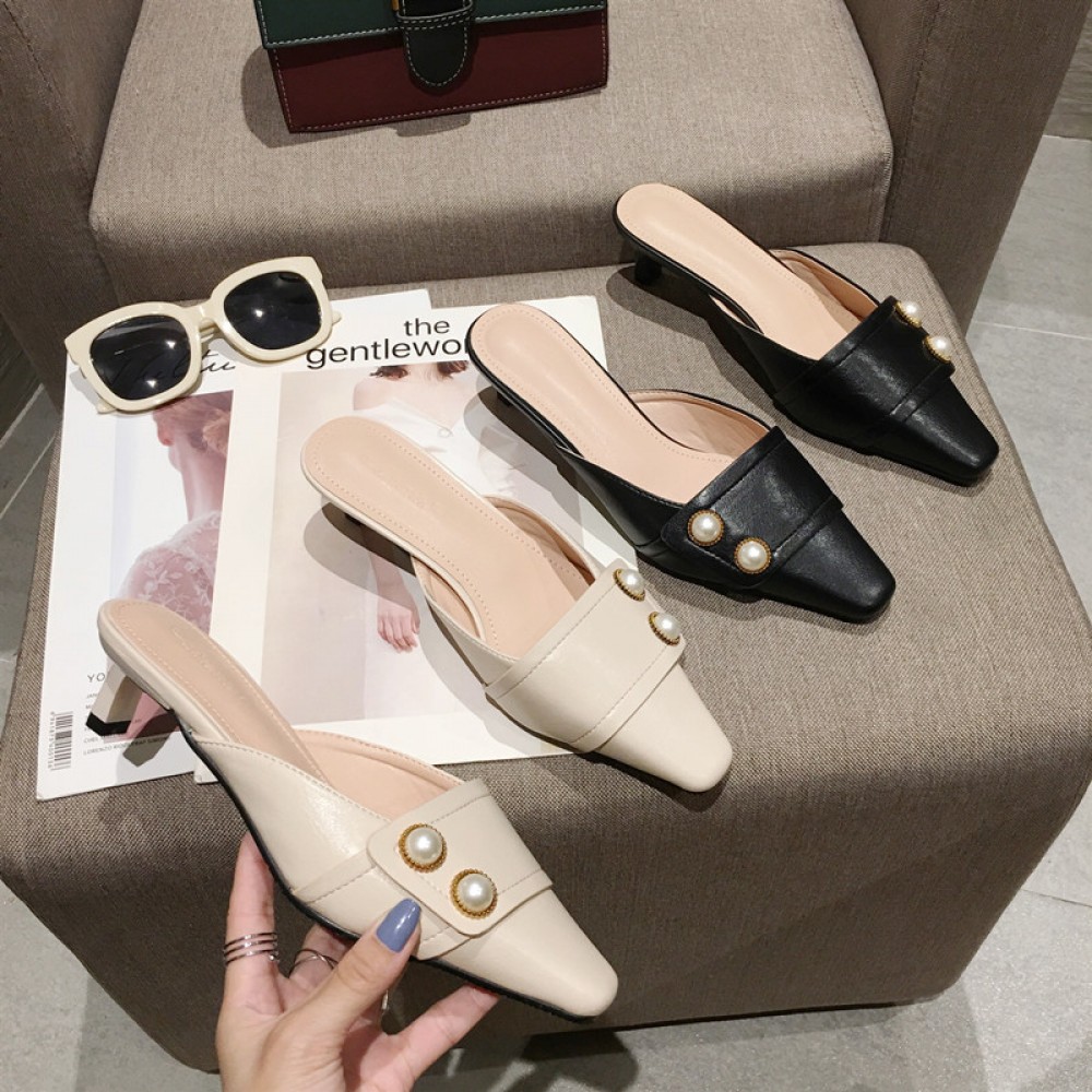 Spring pearl fashion small square head thick heel with wild OL half drag dress lazy women's shoes