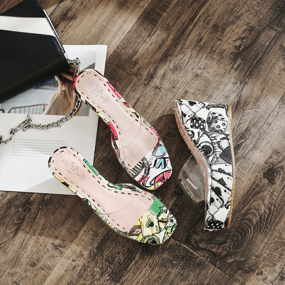 Transparent wedge slippers female high-heeled sponge cake waterproof platform high-heeled sandals 888-2