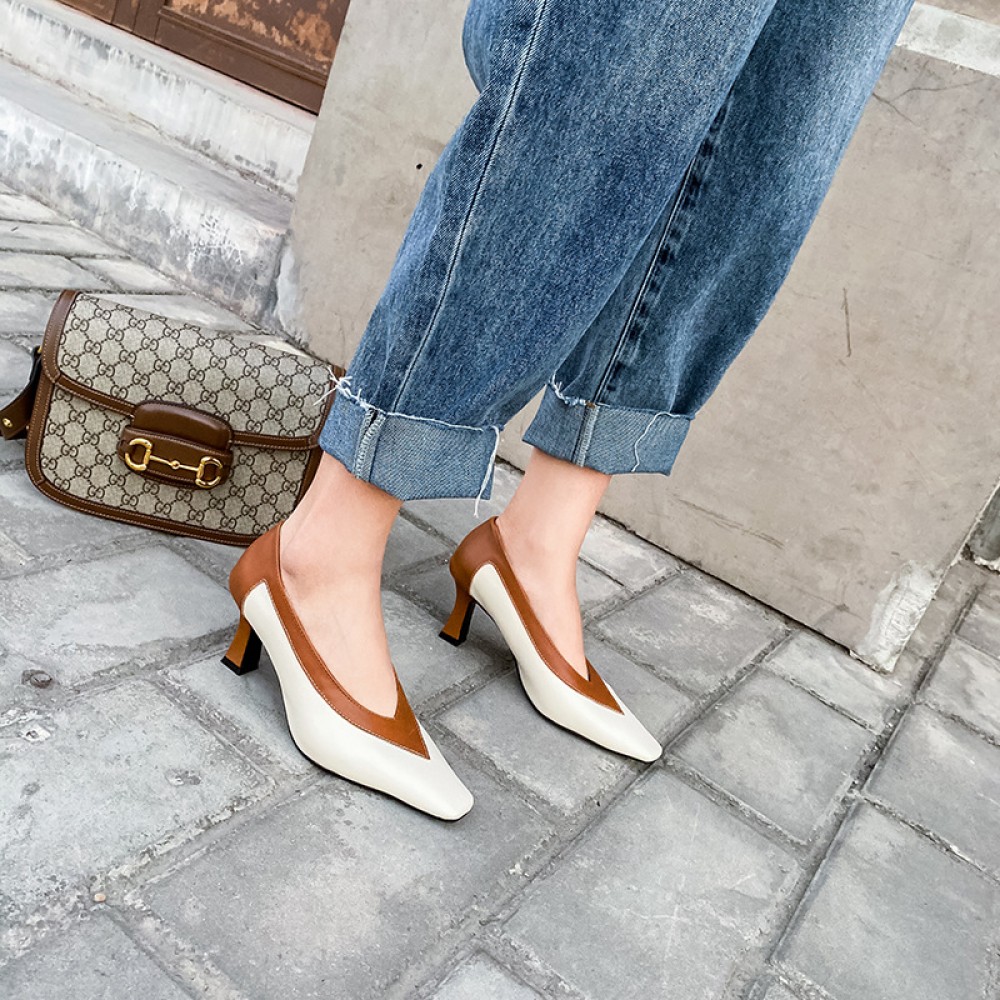 Spring new product small square head color matching temperament single shoes fashion wild commuter OL shallow mouth high heel women's shoes