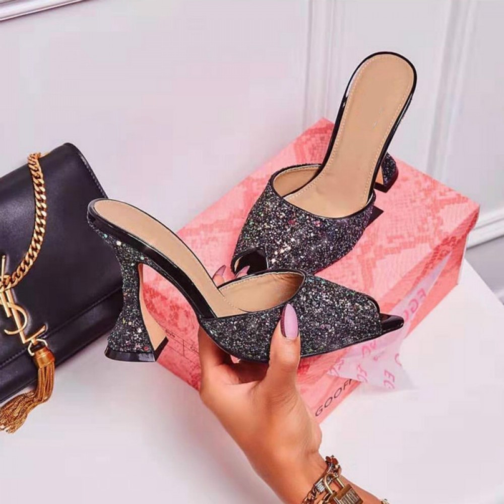 Wind women's sequined pointed thick heel high heel wild OL half drag dress shoes plus size 42
