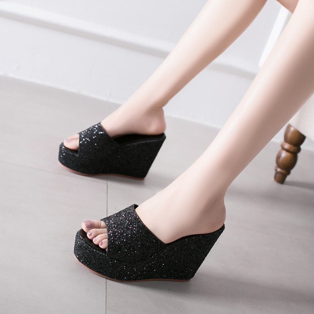 Spring fashion sequined wedge heel platform high heel thick bottom wedding OL half drag female sandals