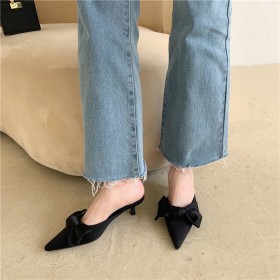 New spring bowknot pointed satin OL fine heel dress half slippers women
