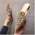 New spring rhinestone beaded slippers fashion wild low-heeled semi-dragging lazy female mules