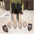 New spring rhinestone beaded slippers fashion wild low-heeled semi-dragging lazy female mules