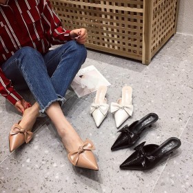 Spring new pointed toe baotou slippers female fashion bow tie thin middle heel wear OL sandals female