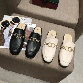 Spring fashion metal chain wild square head low heel set foot half drag tide lazy women's shoes