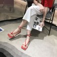 Summer new fairy style open toe word buckle Roman sandals square head thin belt flat bottom women's shoes