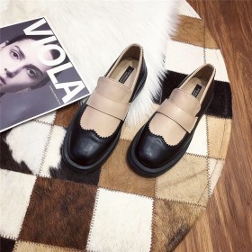 Square head wild small leather shoes spring stitching small fragrance style Oxford single shoes thick bottom one pedal loafers