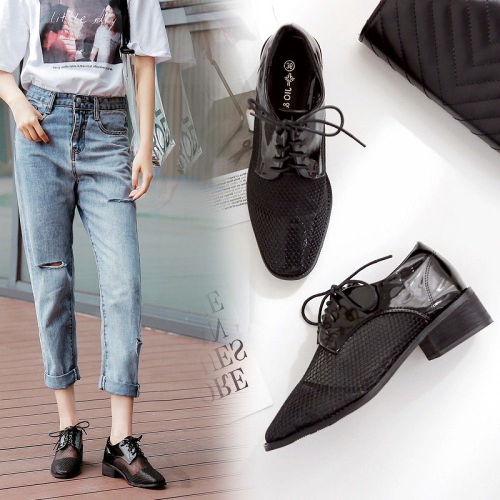 Spring patent leather plus breathable mesh small leather shoes fashion square head thick heel with lace up women's singles 40