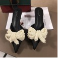 Spring fine-heeled mid-heeled beaded bow pointed toe-toe drag wedding satin OL female sandals