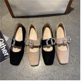 New single shoes square head flat bottom OL low heel single shoes rhinestone buckle suede lazy women's shoes