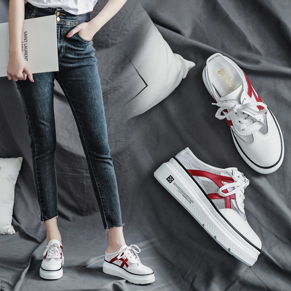 Thick bottom high heel Baotou half slippers summer mesh yarn muffin bottom lazy shoes lace casual sandals female wear