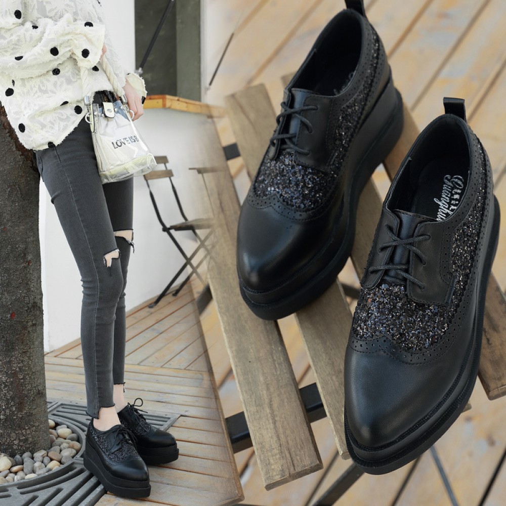 Sponge shoes women thick bottom new sequins wild small leather shoes increased lace-up single shoes style women's shoes